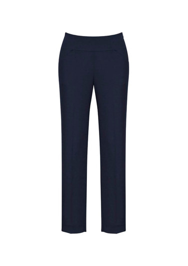 A pair of navy women's slim leg pants, featuring a bandless design, ideal for casual or formal wear.
