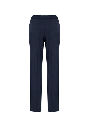 A pair of navy blue women's pants with an elastic waistband, featuring a straight leg design and no visible detailing.