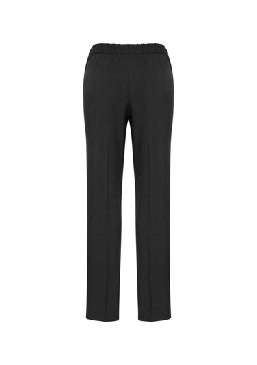 A pair of women's black stretch pants with an elasticised waist and a straight-leg design.