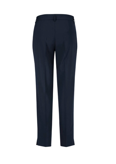 A pair of women's slim leg pants in a dark navy fabric, featuring back pockets and a tailored fit.