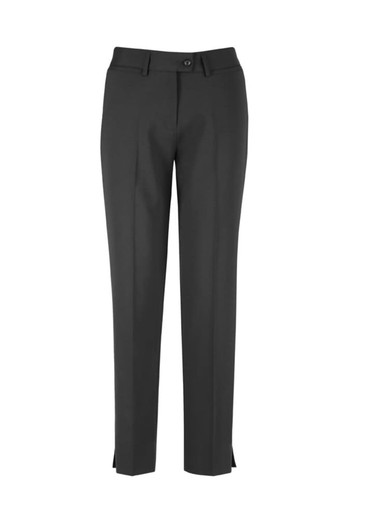 Slim leg pant in dark grey, featuring a waistband with button closure and slight side slits at the hem.