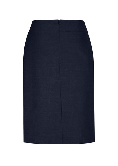 A dark navy lined skirt featuring a zip closure at the back, with a relaxed fit design.