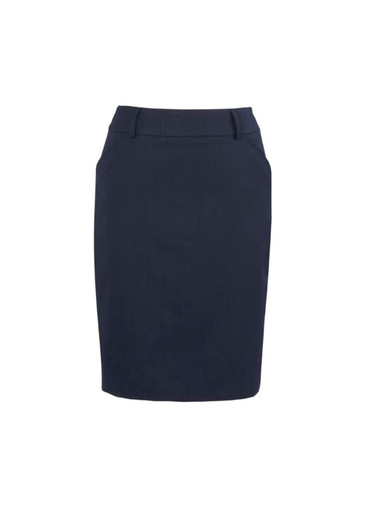 A dark navy multi-pleat skirt with a tailored fit and pockets. Features a branded logo on the waistband.