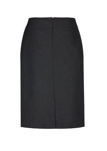 A dark grey lined skirt featuring a relaxed fit and a zip closure at the back. Includes branding.