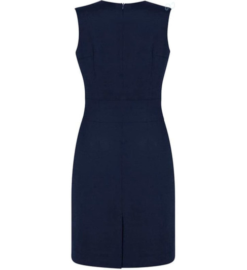 A sleeveless women's dress in navy blue with a V-neck and a back zipper, featuring a split hem.