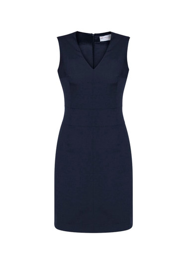 A sleeveless, navy wool blend dress featuring a V-neck design and a zip closure at the back.