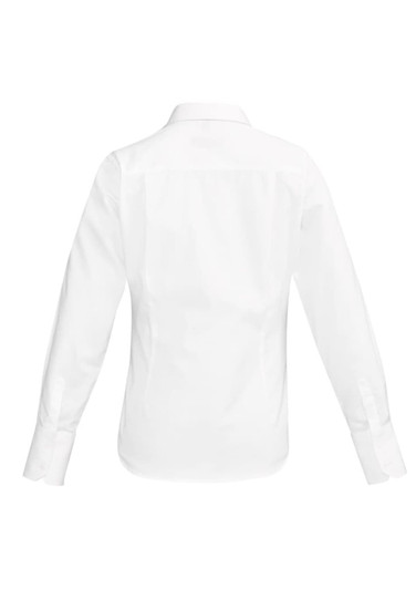 A white long sleeve women's button-up shirt, featuring a classic collar and buttoned cuffs, with a logo on the back.