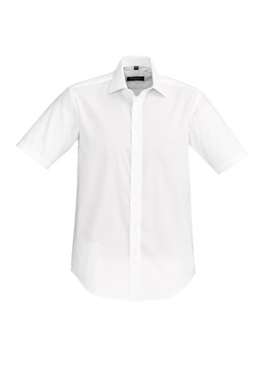 A white short sleeve button-up shirt with a collar and a logo on the chest.