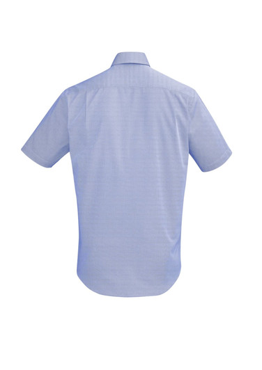 A light blue short sleeve button-up shirt with a back yoke and a small logo.