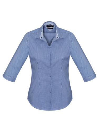 A women's 3/4 sleeve button-up shirt in a blue checkered pattern, featuring a collar and a logo.