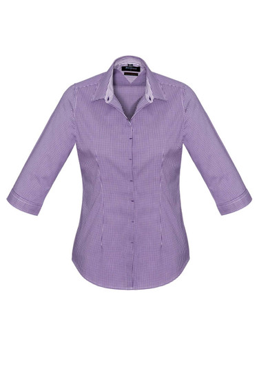 A women's button-up shirt in purple gingham pattern with 3/4 sleeves, featuring a collar and a logo.