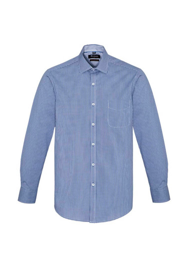 A blue and white checkered long sleeve button-up shirt featuring a chest pocket and a collar.