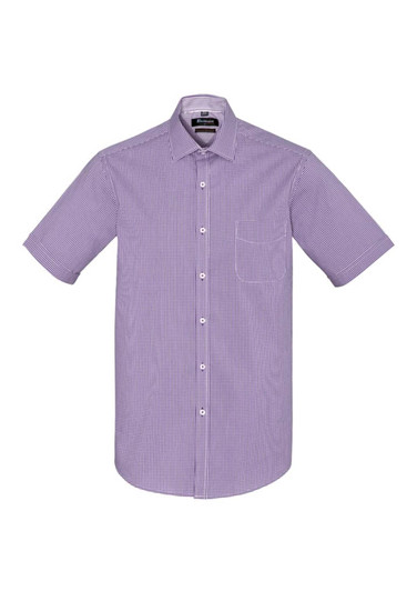A short sleeve button-up shirt in a purple and white check pattern, featuring a pocket and a logo.