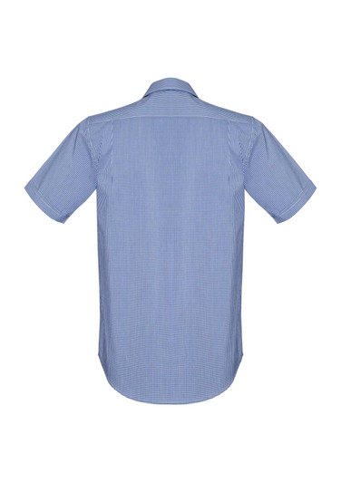 A short sleeve button-up shirt in blue with a checkered pattern, featuring a rear view design.