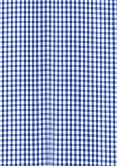 A blue and white gingham patterned fabric, featuring a checkered design suitable for a button-up shirt.