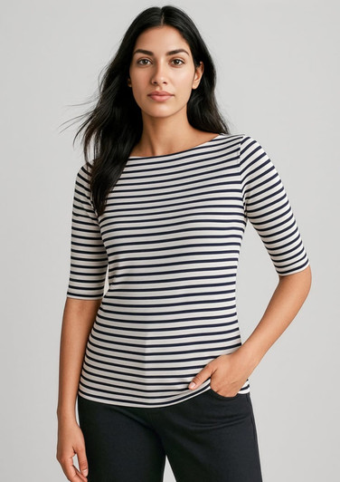 A striped short sleeve T-shirt in navy and white, featuring a boat neckline and a slim fit.