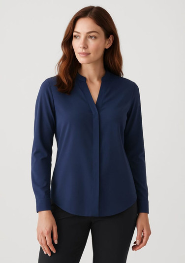 A women's long sleeve blouse in navy blue with a v-neckline and a relaxed fit. Features a branding logo.