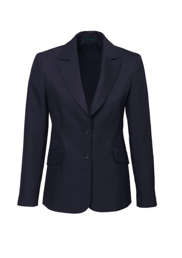A navy women's longline jacket with a notched collar and two front pockets. It features a logo on the interior.