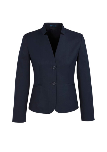 A women's short jacket in navy with a reverse lapel and two front buttons, featuring a simple design and branding.