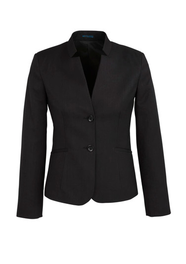 A black women's cool stretch short jacket featuring a reverse lapel and two buttons at the front.
