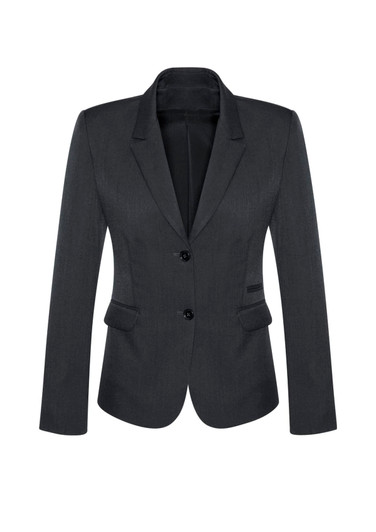 A women's mid-length jacket in dark grey, featuring a two-button design and tailored pockets.