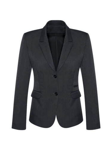 A women's mid-length jacket in dark grey, featuring a two-button closure and a fitted silhouette.