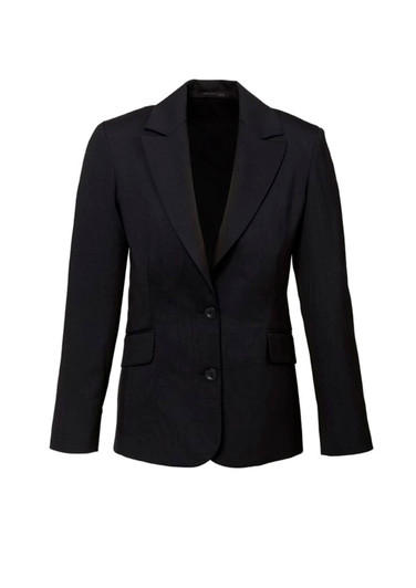 A black longline jacket with a notched lapel, two front pockets, and a fitted design. It features a logo on the inside.
