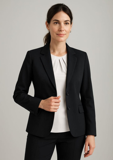 A black women's comfort wool stretch longline jacket, featuring a tailored fit and two buttons, paired with a white top.