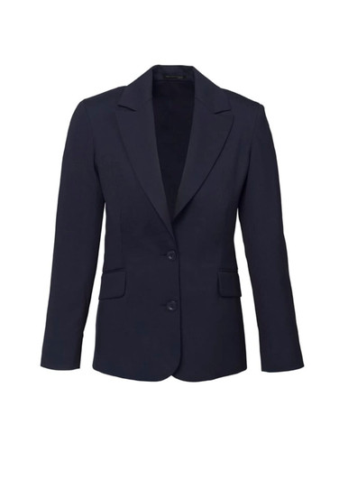 A navy women's longline jacket with a blazer style, featuring two buttons and front pockets.