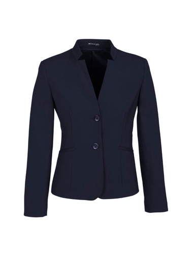 A women's navy wool stretch short jacket featuring a reverse lapel and two buttons, with a logo on the interior.