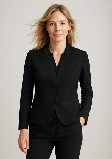A women’s black comfort wool stretch short jacket with a reverse lapel and fitted design, featuring a logo.
