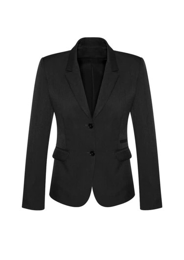 A women's mid-length black blazer featuring a two-button closure and side pockets. The jacket has a fitted silhouette.