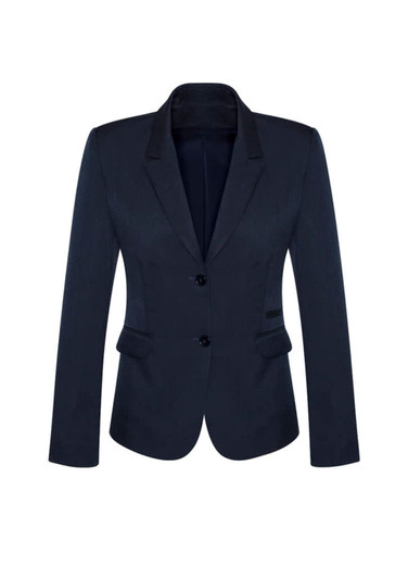 A women's mid-length jacket in dark navy, featuring a two-button closure and fitted design. It has a sleek blazer style.
