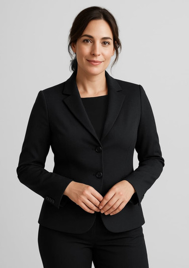 A black mid-length women's blazer with a two-button front and a fitted design, featuring a small logo.
