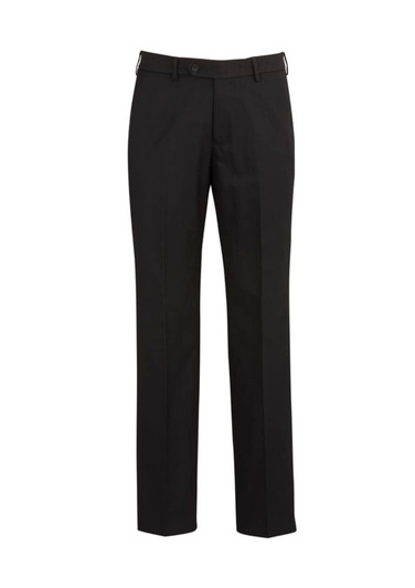 Black flat front pants with a regular fit, featuring a waist button closure and a subtle logo detail.