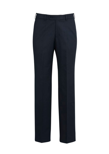 A pair of navy flat front pants for men, featuring a classic design and a waistband with a logo.