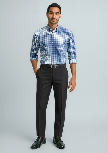 A model wearing a blue and white checked shirt paired with black slimline pants and black shoes. The image features branding.