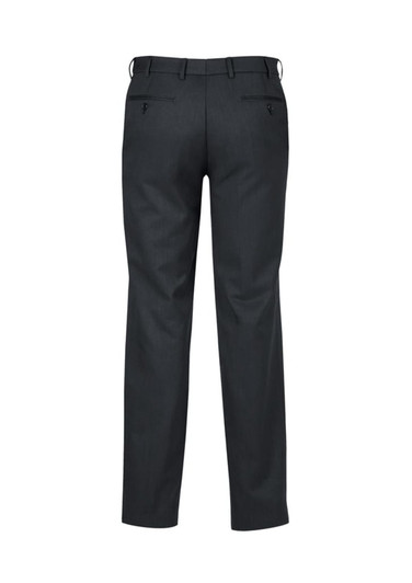 Dark grey men's adjustable waist pants with a tailored fit and back pockets. Features a logo.