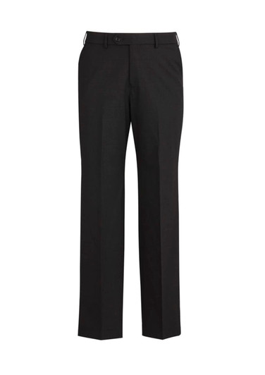 A pair of black men's flat front slacks made from comfort wool with a subtle stretch. Features a logo on the label.