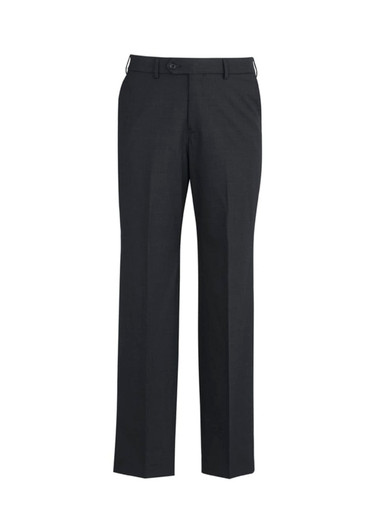 A pair of dark grey wool stretch adjustable waist pants with a straight-leg fit and a waistband.