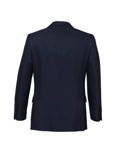 A navy blue men's blazer featuring a classic two-button design and a tailored fit. Includes a logo.