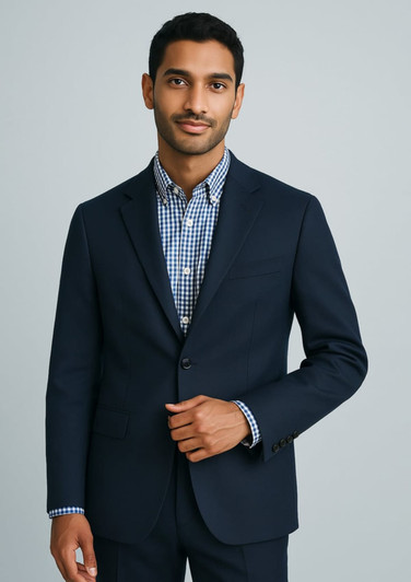 A navy blue men's blazer features a classic two-button design, paired with a checkered shirt. The model poses confidently.