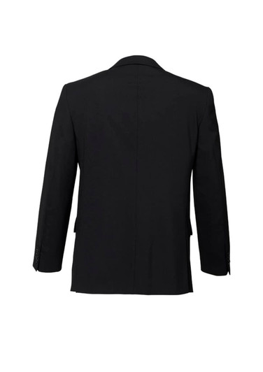 A black wool stretch blazer jacket featuring a two-button design and classic silhouette. The back has a clean finish.