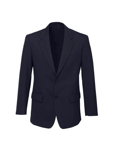 A classic navy blue men's blazer featuring a two-button closure and front pockets, with a logo on the inside.