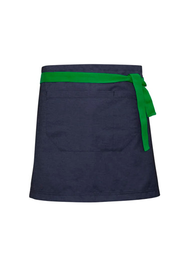 A dark navy apron with a vibrant green tie, featuring a front pocket and a simple design.