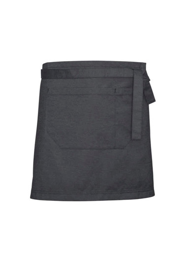 A dark grey waist apron featuring a tie waist closure and a large front pocket. It has a subtle textured design and includes a logo.