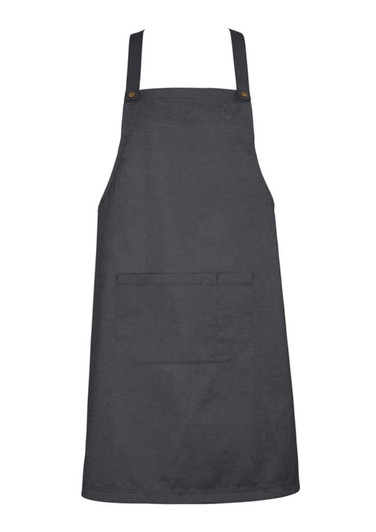 A dark grey bib apron featuring a front pocket and adjustable straps, with a small logo on one side.