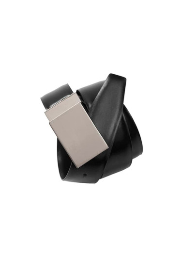 A black corporate belt featuring a sleek silver buckle and a smooth, twisted design.