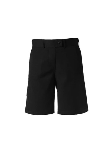 Black women's dress shorts featuring a flat front and side pocket. Includes a belt loop and brand logo.