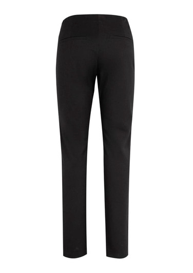 A rear view of black women's leggings with a smooth finish and pockets, featuring a subtle logo.